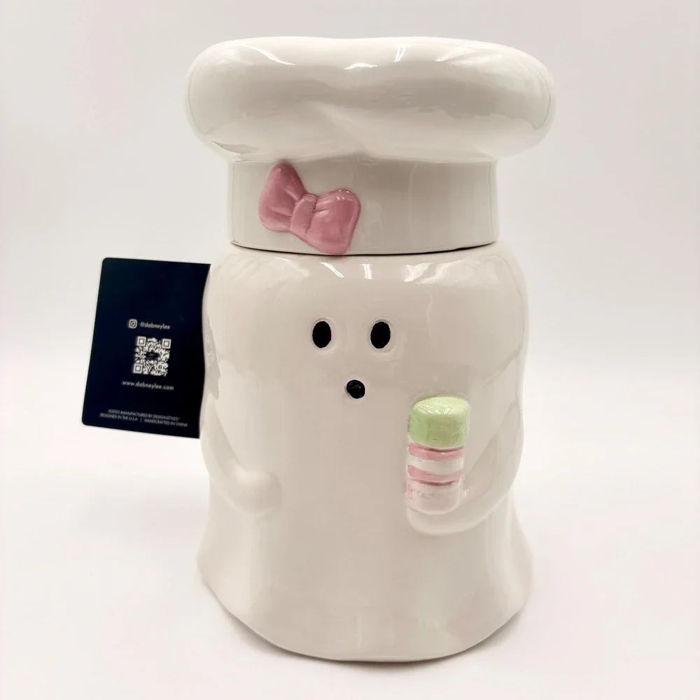 Dabney Lee Ghost Baker Ceramic Utensil Holder Cookie Jar Pink Bow Macarons NEW